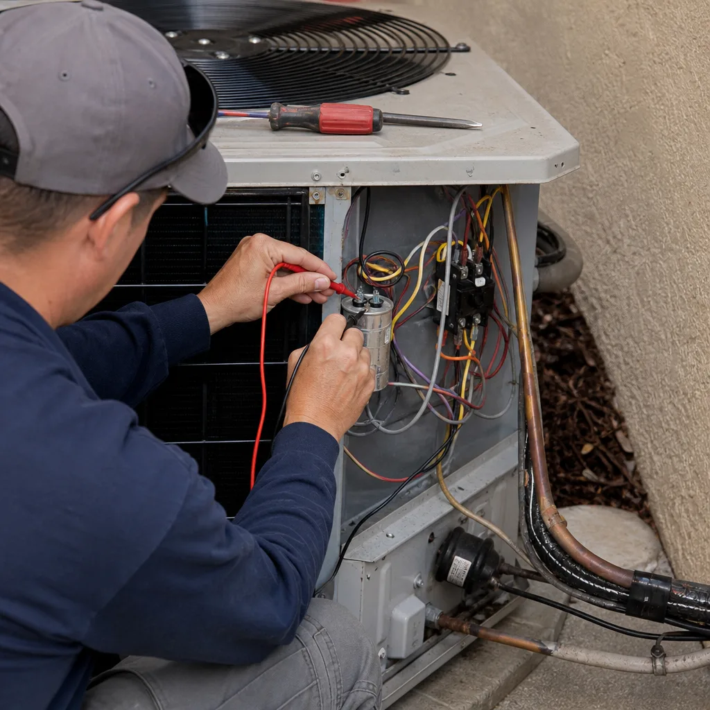 HVAC technician testing capacitor on an outdoor air conditioning unit in Fort Lauderdale, FL