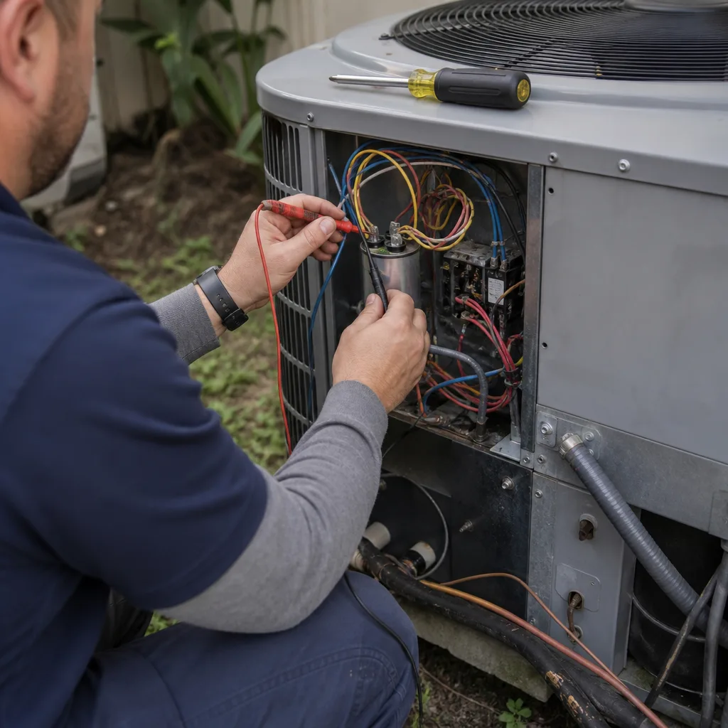 HVAC technician performing electrical diagnostics on an outdoor residential AC unit