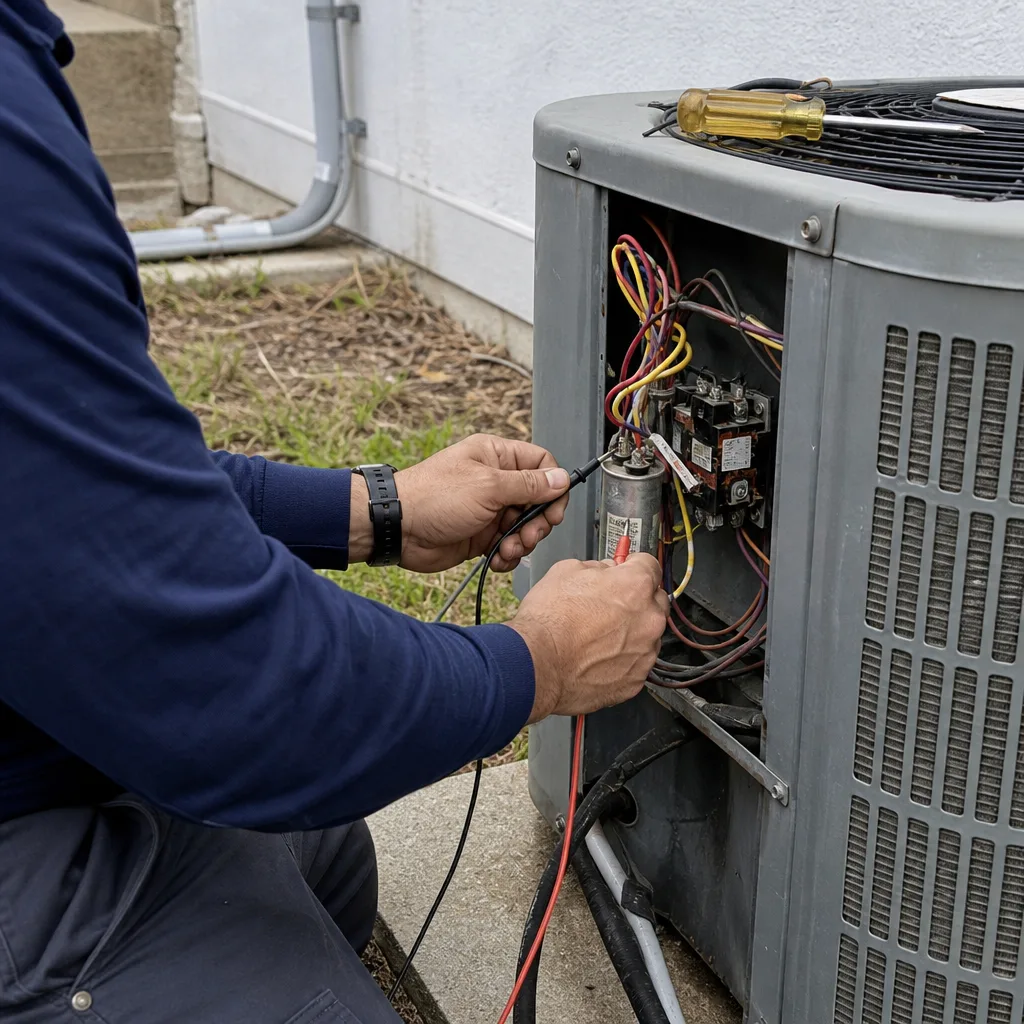 HVAC technician testing an air conditioning unit capacitor with a multimeter