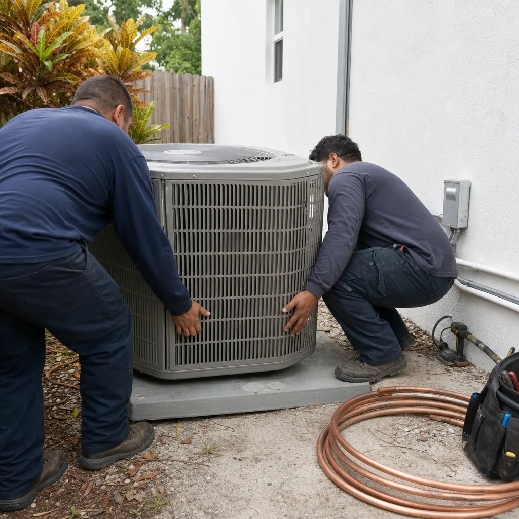 Two professional HVAC technicians installing an outdoor air conditioning unit.