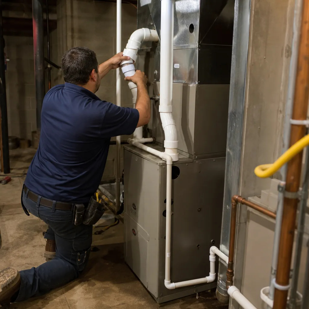 HVAC technician performing professional furnace repair and maintenance in a home basement.