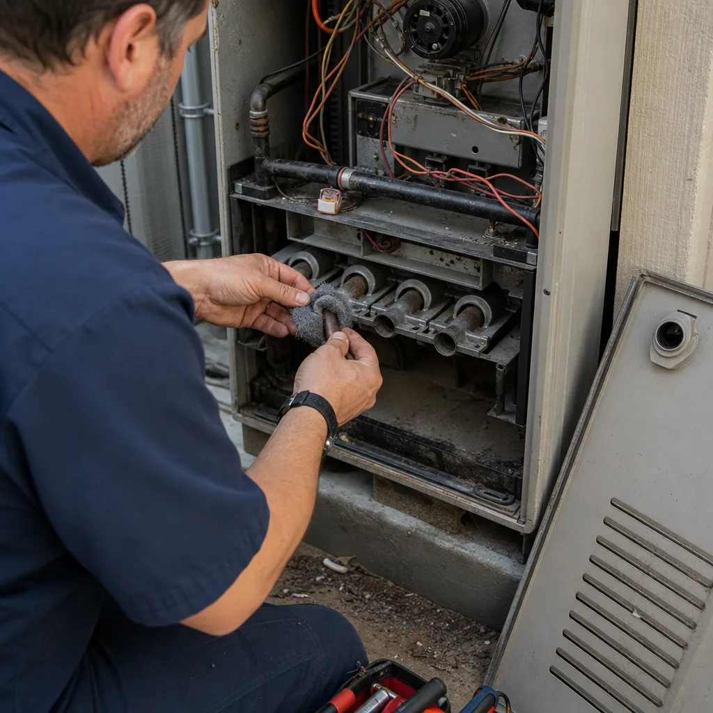 HVAC technician performing professional furnace repair and maintenance