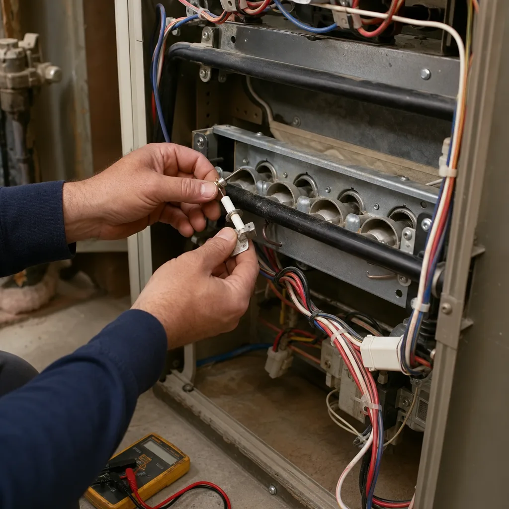 HVAC technician performing furnace repair and inspection on heating equipment
